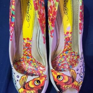 Ed Hardy Colorful Fish Design Peep Toe Heels